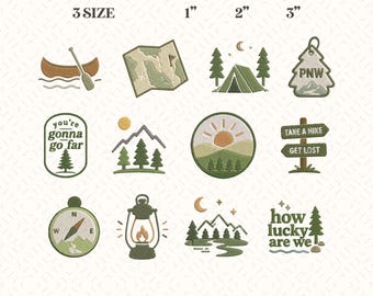 Pacific Northwest Adventure Embroidery Designs Set of 12 | PNW Hiking Camping Icons | Mountain Forest Machine Embroidery Files