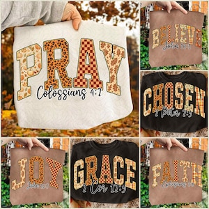 Può includere: Una collezione di felpe e borse tote con parole ispiratrici come "PRAY", "BELIEVE", "CHOSEN", "JOY", "GRACE" e "FAITH". Ogni design incorpora motivi a tema autunnale, tra cui stampa leopardata, motivi a scacchi e motivi a foglie, con versetti biblici.