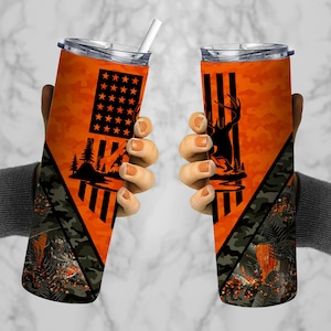 Deer Hunting Flag 20oz Sublimation Tumbler Designs, Camo Orange 9.2 x 8.3” Straight Skinny Tumbler Wrap, Mens Tumbler