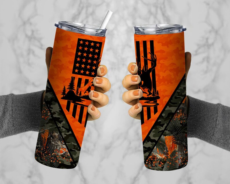 Deer Hunting Flag 20oz Sublimation Tumbler Designs, Camo Orange 9.2 x 8.3” Straight Skinny Tumbler Wrap, Mens Tumbler