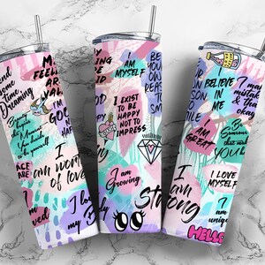 20oz Skinny Straight Positive Affirmation Tumbler Sublimation Design, Self Care Tumbler Straight PNG Digital Download, I Am Strong Tumbler