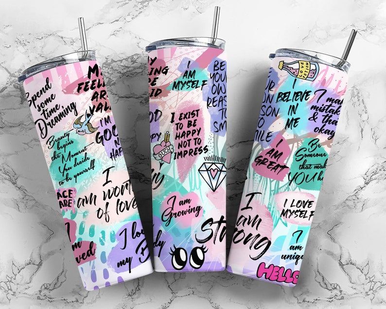 20oz Skinny Straight Positive Affirmation Tumbler Sublimation Design, Self Care Tumbler Straight PNG Digital Download, I Am Strong Tumbler