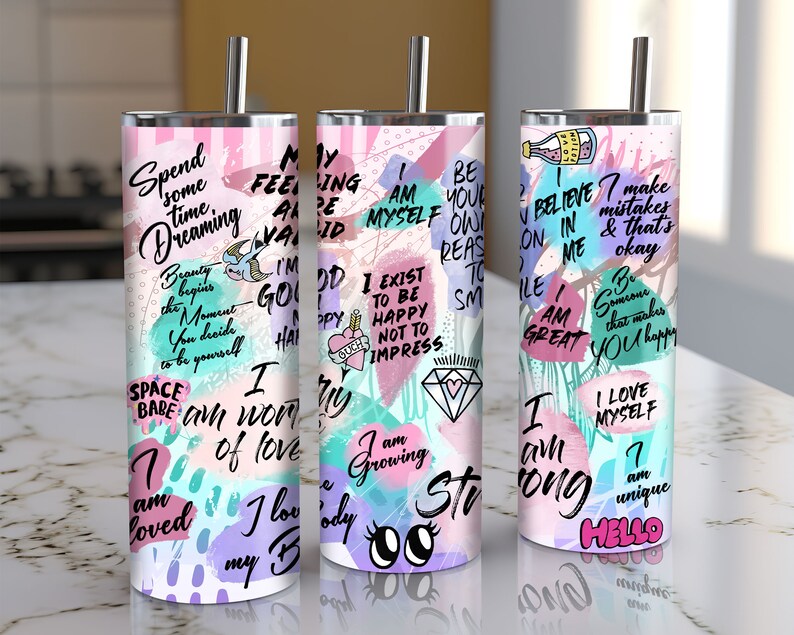 20oz Skinny Straight Positive Affirmation Tumbler Sublimation Design, Self Care Tumbler Straight PNG Digital Download, I Am Strong Tumbler