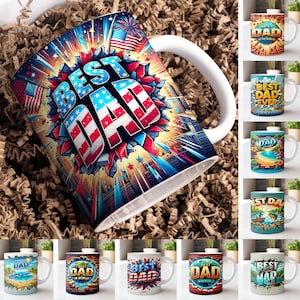 May include: Set of 10 ceramic coffee mugs with various designs featuring the text "Best Dad" in different styles. The mugs are white with colorful designs and text.