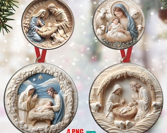 Puede incluir: Cuatro diseños redondos de adornos navideños con escenas religiosas. Cada adorno presenta un diseño en relieve con figuras en beige, azul y blanco, con cintas rojas para colgar. El texto "4 PNG ROUND SUBMLIMATION DESIGNS CHRISTMAS ORNAMENT" está en la parte inferior.