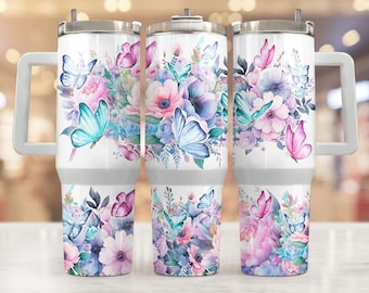 Floral butterflies 40oz Quencher wrap, Sublimation design templates, 40oz png Digital download. Clip art download, 40oz tumbler with handle