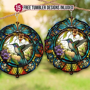 Modelo de design de sublimação de vitral Hummingbird Wind Spinner, Wind Spinner PNG, sublimação redonda de 10 polegadas, giradores redondos pendurados png,