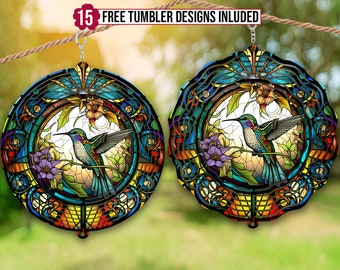 Hummingbird Wind Spinner Stained Glass Sublimation Design Template, Wind Spinner PNG, 10 inch Round Sublimation, Round Hanging Spinners png,