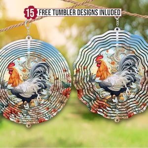 Rooster Wind Spinner Watercolor Sublimation Design Template, Wind Spinner PNG, 10 inch Round Sublimation, Round Hanging Spinners png