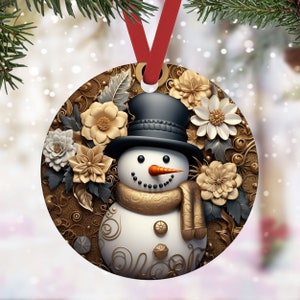 3D Gold Snowman Christmas Ornament Sublimation Designs Christmas Round ...