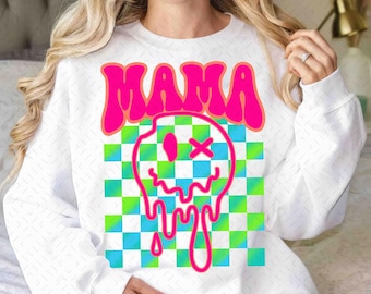 Retro mama SVG/png, mama png sublimation, Mother's Day png, checkered mama smiley face png, retro mama, mom life png, digital download
