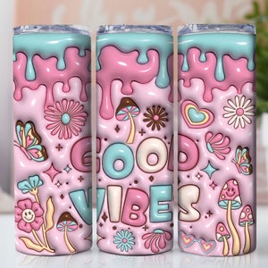 Good Vibes Gonflé Tumbler Wrap, 3D Rétro Floral Puff 20oz Sublimation, Pink Bubble Design, Smiley Face Puff Tumbler Wrap 3D Puff Happy Face