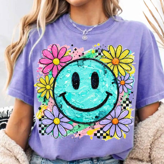 Retro Smiley Face PNG: Floral, Butterfly Design (Digital Download)