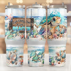 Life is better at the beach 40 oz Quencher tumbler sublimation design Summer Turtle starfish Quote digital PNG wrap Waterslide download