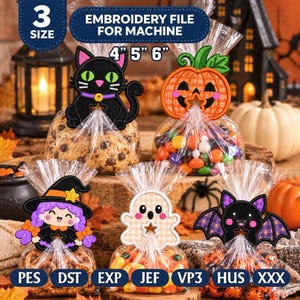 May include: Five clear plastic treat bags featuring embroidered Halloween toppers of a black cat, pumpkin, witch, ghost, and bat. The toppers include a star-shaped cutout for ribbon. Text reads EMBROIDERY FILE FOR MACHINE and 4" 5" 6".