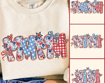 Preppy Floral American Mama Glitter Coquette PNG, 4th of July Mom Png, Stars Stripes, USA Nana Mimi Gigi Png, Retro American Independence