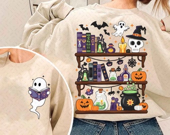 Halloween Library PNG SVG, Ghost Books Halloween Png, Teacher Halloween Svg, Book Lover, Halloween Reading png, Book Club, Halloween Ghost