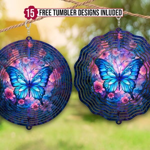 Butterfly Wind Spinner Stained Glass Sublimation Design Template, Wind Spinner PNG, 10 inch Round Sublimation, Round Hanging Spinners png