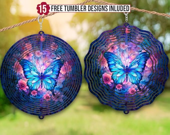 Butterfly Wind Spinner Stained Glass Sublimation Design Template, Wind Spinner PNG, 10 inch Round Sublimation, Round Hanging Spinners png