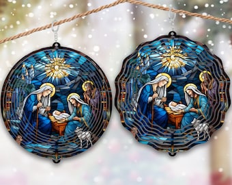 May include: A stained glass style Christmas wind chime featuring the nativity scene. The chime is made of metal and has a circular shape. The colors are blue, red, yellow, and white.