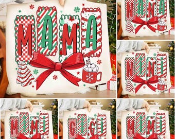 Coquette Christmas Mama Nana Mini Bundle PNG, Cute Family Xmas Design, Preppy Bow PNG, Merry Christmas Sublimation,Faux Glitter Digital File