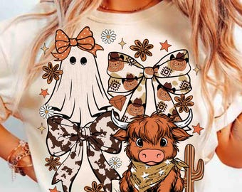 Coquette western spook png, Highland Cow png, Western Halloween png, bloemen herfststrik png, boho pompoencoquette png, cowboy herfst png