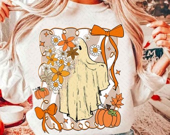 Lazo fantasma de otoño para Halloween, calabaza femenina, otoño floral, Halloween preppy, ambiente otoñal, temporada espeluznante