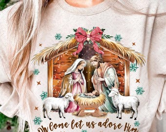 Oh Come Let Us Adore Him Png, Nativity Scene Christmas Png, Coquette Jesus Christmas Png, Baby Jesus Png, Oh Holy Night Png, Hand Drawn
