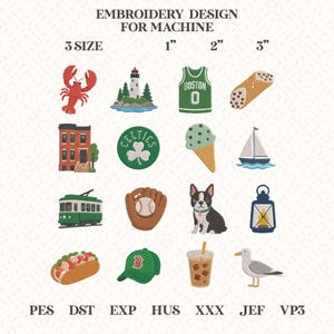 May include: A digital embroidery design set for machines featuring sixteen icons including a lobster, lighthouse, basketball jersey, cannoli, brownstone, shamrock logo, ice cream, sailboat, trolley, baseball glove, dog, lantern, lobster roll, cap, iced coffee, and seagull.