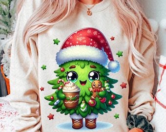 May include: A cream-coloured sweatshirt featuring a cartoon Christmas tree wearing a Santa hat and holding a gingerbread man and a cup of hot chocolate. The tree has a cute face and is decorated with baubles and candy canes.