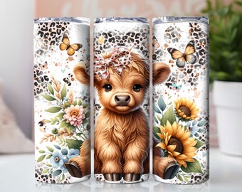 Highland cow 20oz Skinny Tumbler Sublimation Design Digital downloadable png 20 oz straight tumblerwrap png cheetah floral Tumbler wrap cow