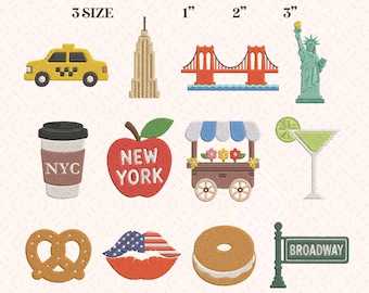 NYC Girlcore Embroidery Designs Set of 12 | New York Mini Icons | Taxi Broadway Bagel Coffee | Machine Embroidery Files Instant Download