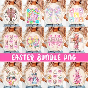 Puede incluir: Un conjunto de 10 diseños digitales con gráficos de temática de Pascua en una camiseta blanca. Los diseños incluyen conejos, huevos, lazos, cruces y patrones florales en rosa, blanco y verde.