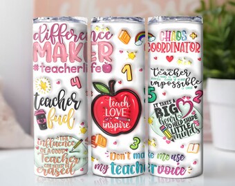 Personalized Pink Teacher 20oz Skinny Tumbler Png, Teach Love Inspire, 3D Inflated Teacher Life Tumbler Wrap, Puffy Teacher Rainbow Tumbler