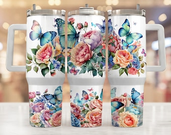 Floral butterflies 40oz Quencher wrap, Sublimation design templates, 40oz png Digital download. Clip art download, 40oz tumbler with handle