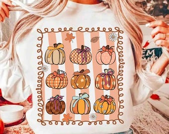 Fall Bow Pumpkin PNG Sublimation, Cute Coquette Autumn Png, Gingham and Polka Dot Pumpkin Shirt Design for Fall, Cozy Vibes png, Pumpkin png