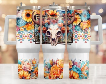 Boho cow skull 40oz Quencher tumbler sublimation design Aqua and brown Bull skull flowers Aztec Western digital wrap Waterslide download