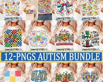 Pode incluir: Um conjunto de 12 designs digitais com designs gráficos coloridos com peças de quebra-cabeça e a palavra "Autismo" em uma camiseta branca. Os designs incluem frases como "You Are", "Autismo como uma mãe normal", "Porque Deus amou tanto o mundo", "Um todo, usamos azul", e "Mamã".