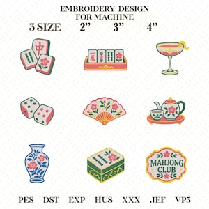 Puede incluir: Un conjunto de diseños de bordado digital para máquinas con nueve iconos: fichas de mahjong, un soporte para fichas, una copa de cóctel, dados, un abanico, una tetera con taza, un jarrón floral, una caja de mahjong y un letrero de Mahjong Club en 5, 7, 10 cm.