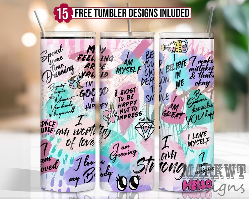 20oz Skinny Straight Positive Affirmation Tumbler Sublimation Design, Self Care Tumbler Straight PNG Digital Download, I Am Strong Tumbler