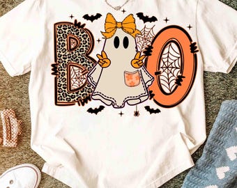 Fantasma assustador Boo PNG, Sublimação de Halloween rosa neon, Laço de Halloween feminino coquete, Camisa de Halloween com glitter elegante PNG, Abóbora de outono retrô