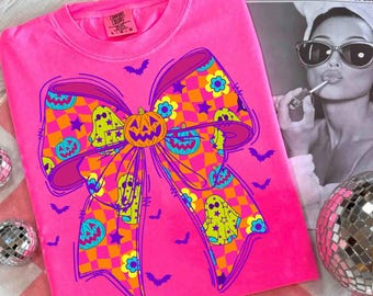 Halloween Neon Ghost Coquette Png, Girly Pastel Halloween Pumpkin Png, Cute Pink Ghost Bow Sublimation, Checkered Spooky Season Png