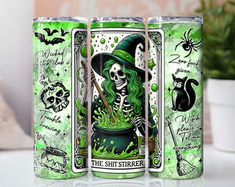 Cartas de tarot de bruja sarcástica 20oz vaso delgado envolver vaso estético brujo esqueleto horror sublimación PNG Halloween vaso digital