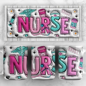 Peut inclure: Trois tasses blanches avec un motif de dessin animé coloré représentant le mot "NURSE" en lettres roses, bleues et vertes. Le motif comprend également un stéthoscope, une seringue, un flacon de pilules et une tasse de café.