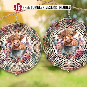 Purple Floral Baby Highland Cow Wind Spinner Sublimation Design, Wind Spinner PNG, 10 inch Round Sublimation, Round Hanging Spinners png