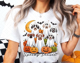Retro cane fantasma PNG, stagione spettrale PNG, cane fantasma di Halloween Png, zucca di Halloween cane Png, cane Halloween Png, simpatico cane Boo Halloween Png