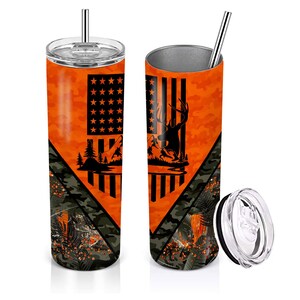 Deer Hunting Flag 20oz Sublimation Tumbler Designs, Camo Orange 9.2 x 8.3” Straight Skinny Tumbler Wrap, Mens Tumbler