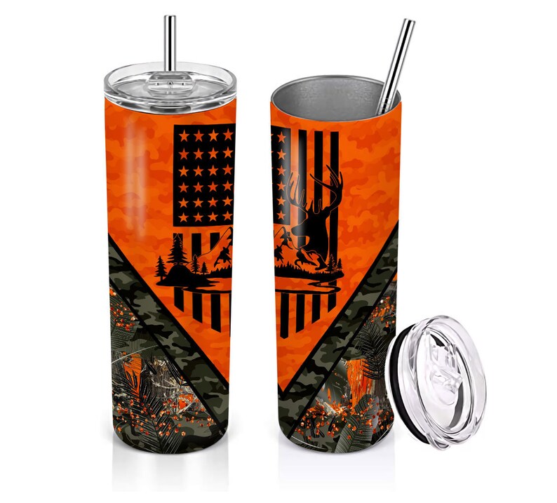 Deer Hunting Flag 20oz Sublimation Tumbler Designs, Camo Orange 9.2 x 8.3” Straight Skinny Tumbler Wrap, Mens Tumbler