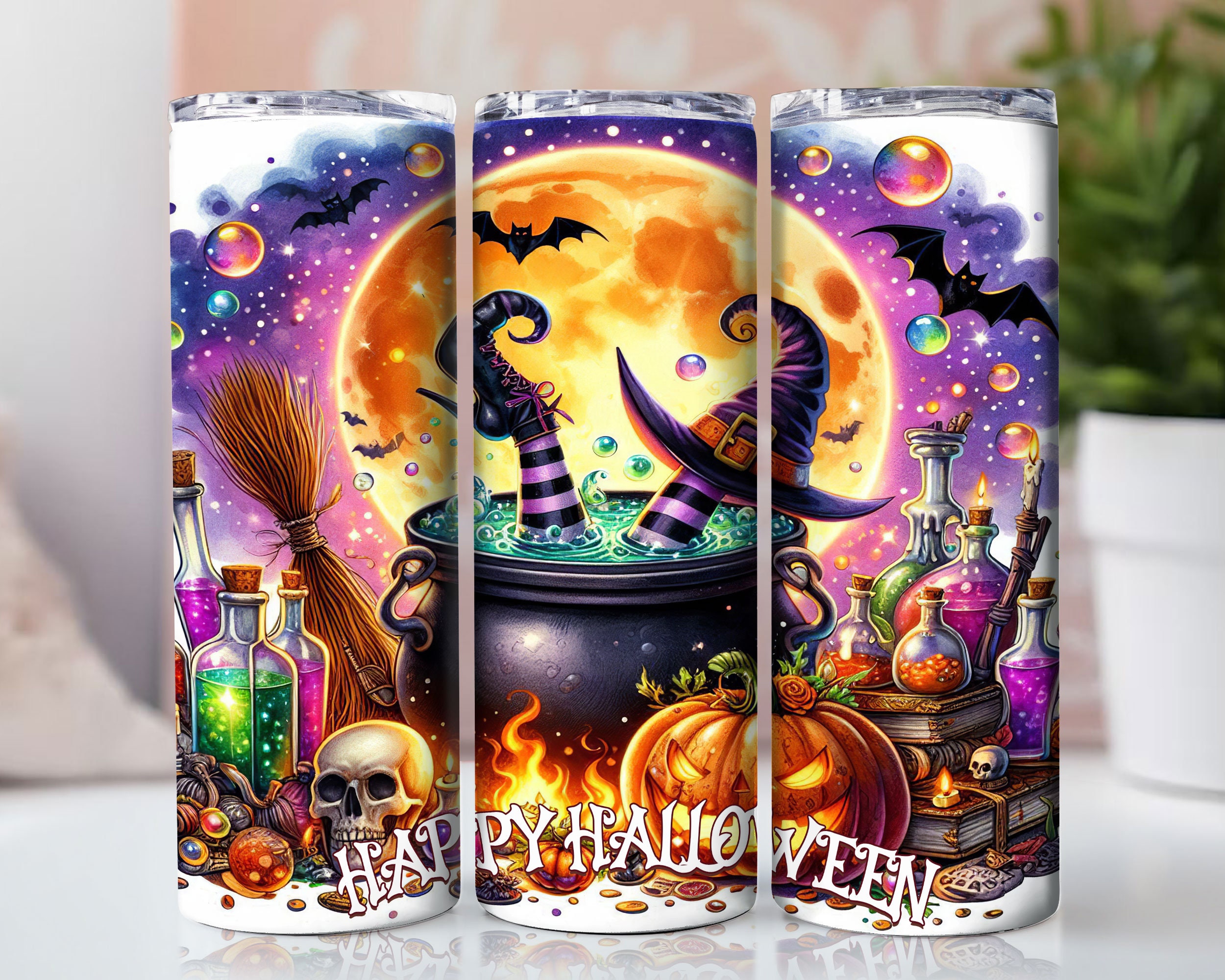 Witch Tumbler Wrap, 20 oz Skinny Tumbler Sublimation Design, Halloween Tumbler Wrap, Happy Halloween PNG, Cauldron Tumbler, Digital Download