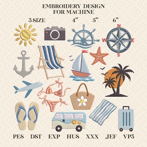 May include: Embroidery design for machine featuring various beach and travel-themed icons, including a sun, camera, sailboat, compass, and beach chair. The design includes the text "EMBROIDERY DESIGN FOR MACHINE" and size measurements of 4", 5", and 6".